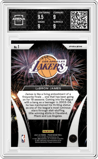 Lebron James from the 2021-22 Panini Prizm  set featuring a Hyper Prizm parallel graded by Arena Club and given an overall grade of 9.