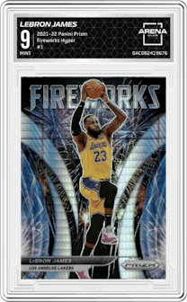 Lebron James from the 2021-22 Panini Prizm  set featuring a Hyper Prizm parallel graded by Arena Club and given an overall grade of 9.