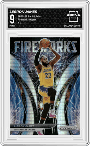 Lebron James from the 2021-22 Panini Prizm  set featuring a Hyper Prizm parallel graded by Arena Club and given an overall grade of 9.