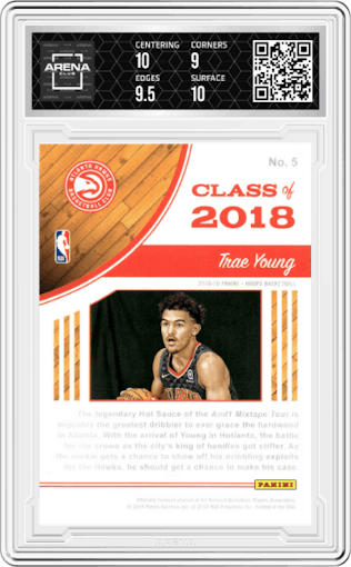 Trae Young from the 2018-19 Panini NBA Hoops  set featuring a Holo parallel graded by Arena Club and given an overall grade of 9.5.