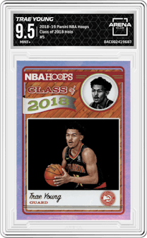 Trae Young from the 2018-19 Panini NBA Hoops  set featuring a Holo parallel graded by Arena Club and given an overall grade of 9.5.