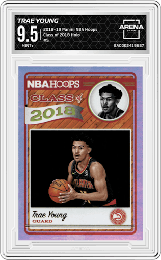Trae Young from the 2018-19 Panini NBA Hoops  set featuring a Holo parallel graded by Arena Club and given an overall grade of 9.5.