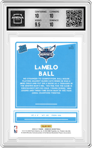 LaMelo Ball from the 2020-21 Panini Donruss set graded by Arena Club and given an overall grade of 10.