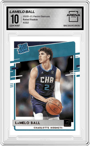 LaMelo Ball from the 2020-21 Panini Donruss set graded by Arena Club and given an overall grade of 10.