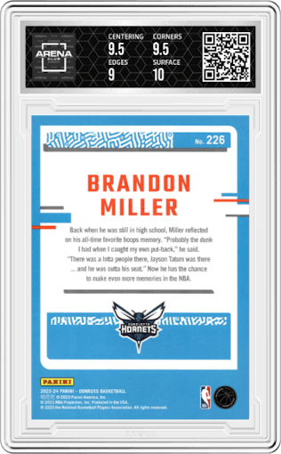Brandon Miller from the 2023-24 Panini Donruss set featuring a Red parallel graded by Arena Club and given an overall grade of 9.5.