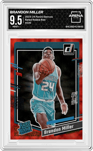 Brandon Miller from the 2023-24 Panini Donruss set featuring a Red parallel graded by Arena Club and given an overall grade of 9.5.