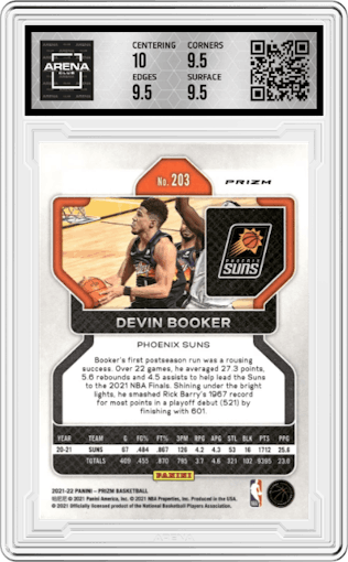 Devin Booker from the 2021-22 Panini Prizm  set featuring a Factory Set Orange Hyper parallel graded by Arena Club and given an overall grade of 10.