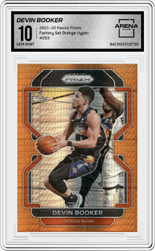 Devin Booker from the 2021-22 Panini Prizm  set featuring a Factory Set Orange Hyper parallel graded by Arena Club and given an overall grade of 10.