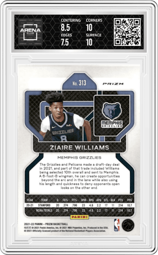 Ziaire Williams from the 2021-22 Panini Prizm  set featuring a Orange Factory Set Hyper Prizm parallel graded by Arena Club and given an overall grade of 8.