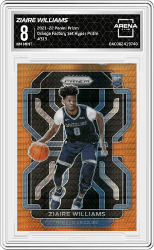 Ziaire Williams from the 2021-22 Panini Prizm  set featuring a Orange Factory Set Hyper Prizm parallel graded by Arena Club and given an overall grade of 8.