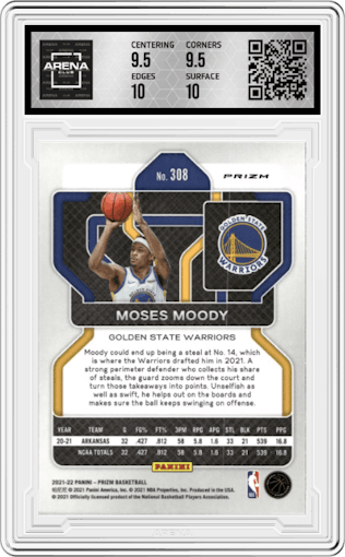 Moses Moody from the 2021-22 Panini Prizm  set featuring a Factory Set Blue Hyper parallel graded by Arena Club and given an overall grade of 10.