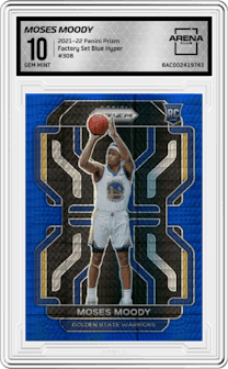 Moses Moody from the 2021-22 Panini Prizm  set featuring a Factory Set Blue Hyper parallel graded by Arena Club and given an overall grade of 10.