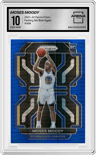 Moses Moody from the 2021-22 Panini Prizm  set featuring a Factory Set Blue Hyper parallel graded by Arena Club and given an overall grade of 10.