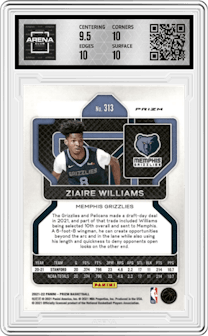 Ziaire Williams from the 2021-22 Panini Prizm  set featuring a Factory Set Orange Hyper parallel graded by Arena Club and given an overall grade of 10.