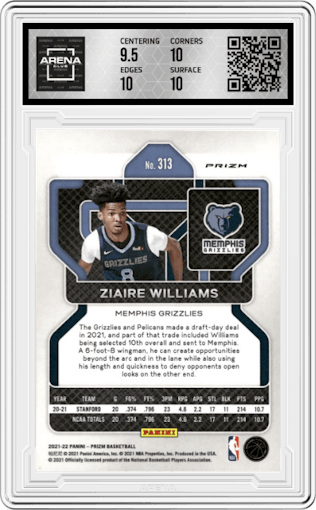 Ziaire Williams from the 2021-22 Panini Prizm  set featuring a Factory Set Orange Hyper parallel graded by Arena Club and given an overall grade of 10.