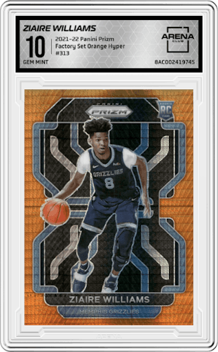 Ziaire Williams from the 2021-22 Panini Prizm  set featuring a Factory Set Orange Hyper parallel graded by Arena Club and given an overall grade of 10.