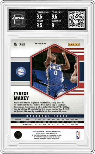 Tyrese Maxey from the 2020-21 Panini Mosaic set featuring a Reactive Orange parallel graded by Arena Club and given an overall grade of 9.5.