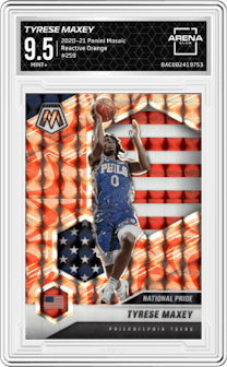 Tyrese Maxey from the 2020-21 Panini Mosaic set featuring a Reactive Orange parallel graded by Arena Club and given an overall grade of 9.5.