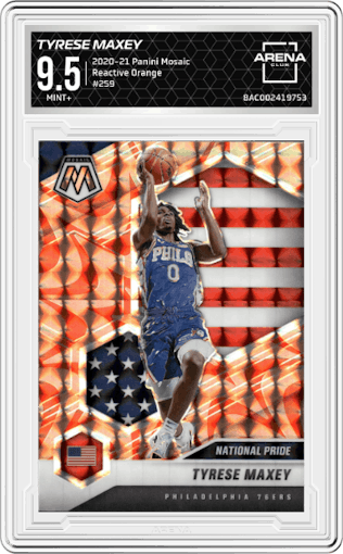 Tyrese Maxey from the 2020-21 Panini Mosaic set featuring a Reactive Orange parallel graded by Arena Club and given an overall grade of 9.5.