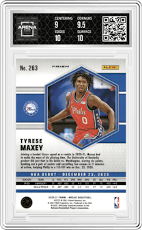 Tyrese Maxey from the 2020-21 Panini Mosaic set featuring a Reactive Blue parallel graded by Arena Club and given an overall grade of 9.5.