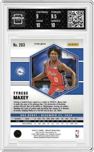 Tyrese Maxey from the 2020-21 Panini Mosaic set featuring a Reactive Blue parallel graded by Arena Club and given an overall grade of 9.5.