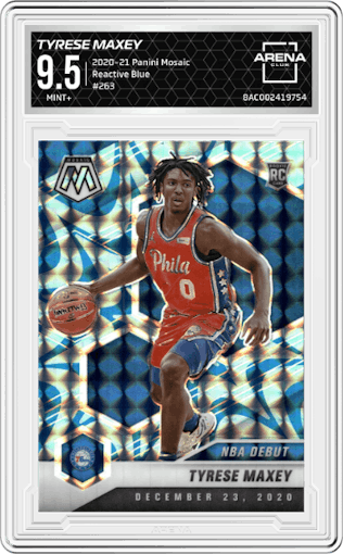 Tyrese Maxey from the 2020-21 Panini Mosaic set featuring a Reactive Blue parallel graded by Arena Club and given an overall grade of 9.5.