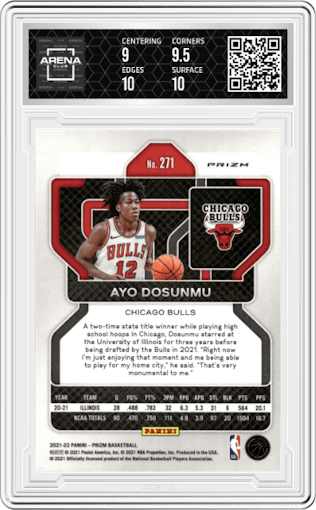 Ayo Dosunmu from the 2021-22 Panini Prizm  set featuring a Red Gold Wave parallel graded by Arena Club and given an overall grade of 9.5.