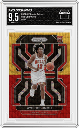 Ayo Dosunmu from the 2021-22 Panini Prizm  set featuring a Red Gold Wave parallel graded by Arena Club and given an overall grade of 9.5.