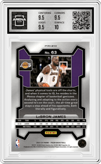 LeBron James from the 2023-24 Panini Prizm set featuring a Red Ice parallel graded by Arena Club and given an overall grade of 10.