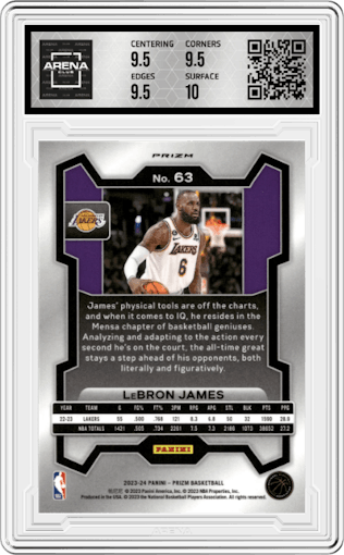 LeBron James from the 2023-24 Panini Prizm set featuring a Red Ice parallel graded by Arena Club and given an overall grade of 10.