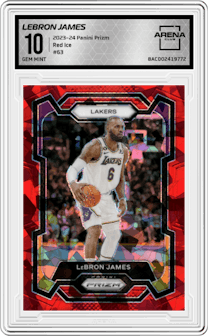 LeBron James from the 2023-24 Panini Prizm set featuring a Red Ice parallel graded by Arena Club and given an overall grade of 10.