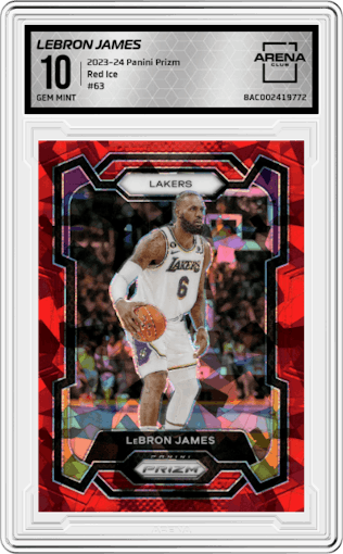 LeBron James from the 2023-24 Panini Prizm set featuring a Red Ice parallel graded by Arena Club and given an overall grade of 10.
