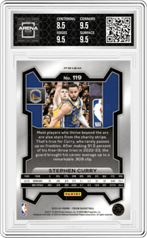 Stephen Curry from the 2023-24 Panini Prizm set featuring a Silver Prizm  parallel graded by Arena Club and given an overall grade of 9.