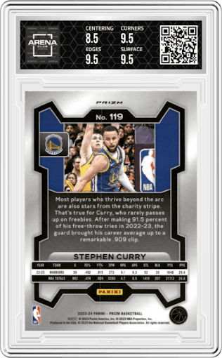 Stephen Curry from the 2023-24 Panini Prizm set featuring a Silver Prizm  parallel graded by Arena Club and given an overall grade of 9.
