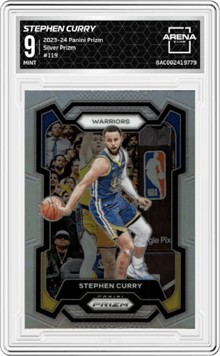 Stephen Curry from the 2023-24 Panini Prizm set featuring a Silver Prizm  parallel graded by Arena Club and given an overall grade of 9.