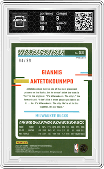 Giannis Antetokounmpo from the 2023-24 Donruss Optic set featuring a Red parallel graded by Arena Club and given an overall grade of 9.5.