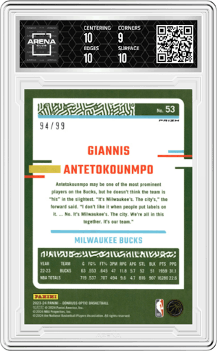 Giannis Antetokounmpo from the 2023-24 Donruss Optic set featuring a Red parallel graded by Arena Club and given an overall grade of 9.5.