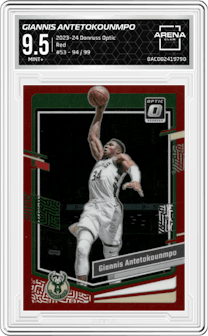 Giannis Antetokounmpo from the 2023-24 Donruss Optic set featuring a Red parallel graded by Arena Club and given an overall grade of 9.5.