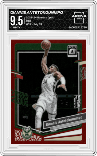 Giannis Antetokounmpo from the 2023-24 Donruss Optic set featuring a Red parallel graded by Arena Club and given an overall grade of 9.5.