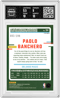 Paolo Banchero from the 2023-24 Donruss Optic set featuring a Orange Prizm parallel graded by Arena Club and given an overall grade of 9.5.