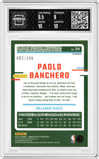 Paolo Banchero from the 2023-24 Donruss Optic set featuring a Orange Prizm parallel graded by Arena Club and given an overall grade of 9.5.