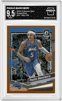 Paolo Banchero from the 2023-24 Donruss Optic set featuring a Orange Prizm parallel graded by Arena Club and given an overall grade of 9.5.