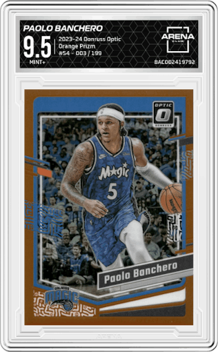 Paolo Banchero from the 2023-24 Donruss Optic set featuring a Orange Prizm parallel graded by Arena Club and given an overall grade of 9.5.