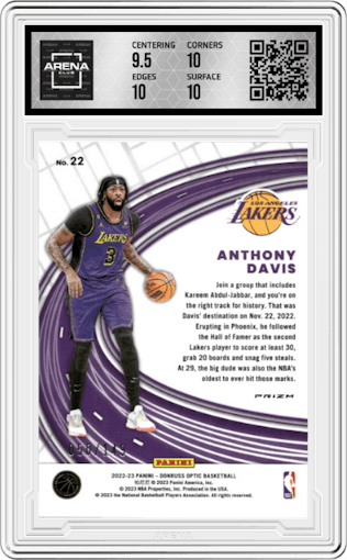 Anthony Davis from the 2022-23 Panini Donruss Optic  set featuring a Lime Green parallel graded by Arena Club and given an overall grade of 10.