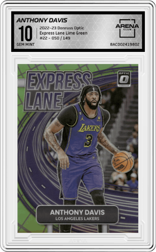 Anthony Davis from the 2022-23 Panini Donruss Optic  set featuring a Lime Green parallel graded by Arena Club and given an overall grade of 10.