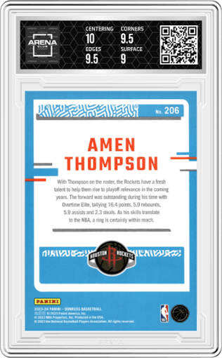 Amen Thompson  from the 2023-24 Panini Donruss set featuring a Green Holo Laser  parallel graded by Arena Club and given an overall grade of 9.5.