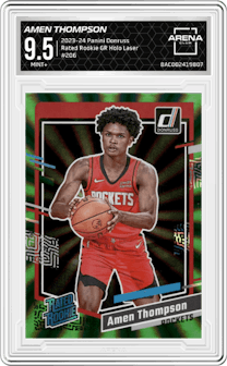Amen Thompson  from the 2023-24 Panini Donruss set featuring a Green Holo Laser  parallel graded by Arena Club and given an overall grade of 9.5.