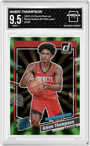 Amen Thompson  from the 2023-24 Panini Donruss set featuring a Green Holo Laser  parallel graded by Arena Club and given an overall grade of 9.5.