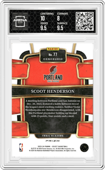 Scoot Henderson from the 2023-24 Panini Select  set featuring a Red Cracked Ice parallel graded by Arena Club and given an overall grade of 8.5.