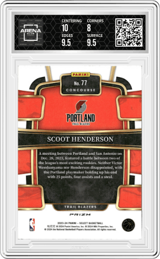 Scoot Henderson from the 2023-24 Panini Select  set featuring a Red Cracked Ice parallel graded by Arena Club and given an overall grade of 8.5.